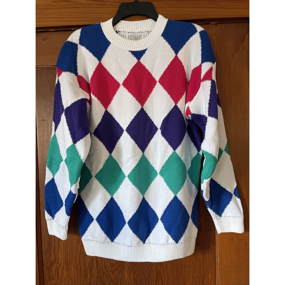 Vtg Stefano World Wide 100% Cotton Color Block Medium Sweater USA